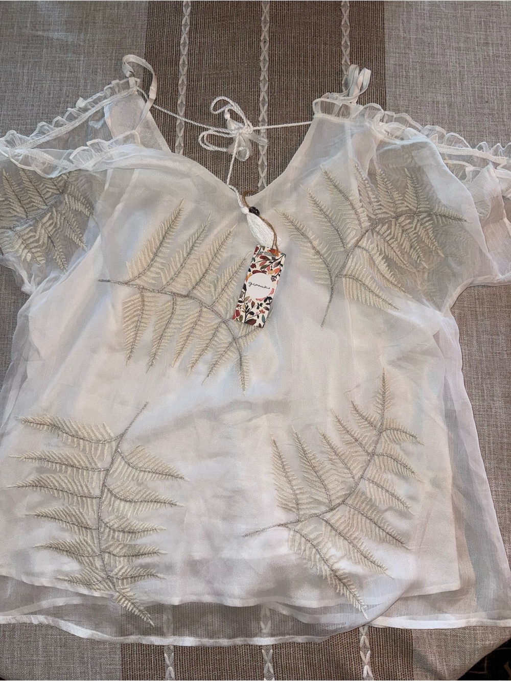 Sheer White Embroidered Fern Cold-Shoulder Top